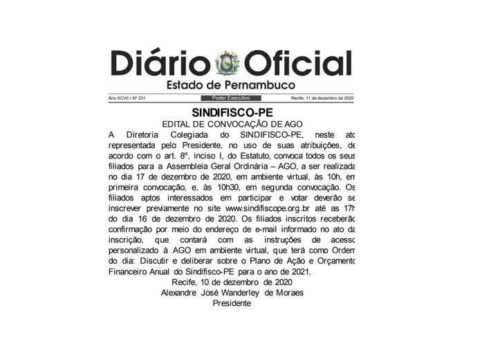 Sindifisco-PE convoca AGO
