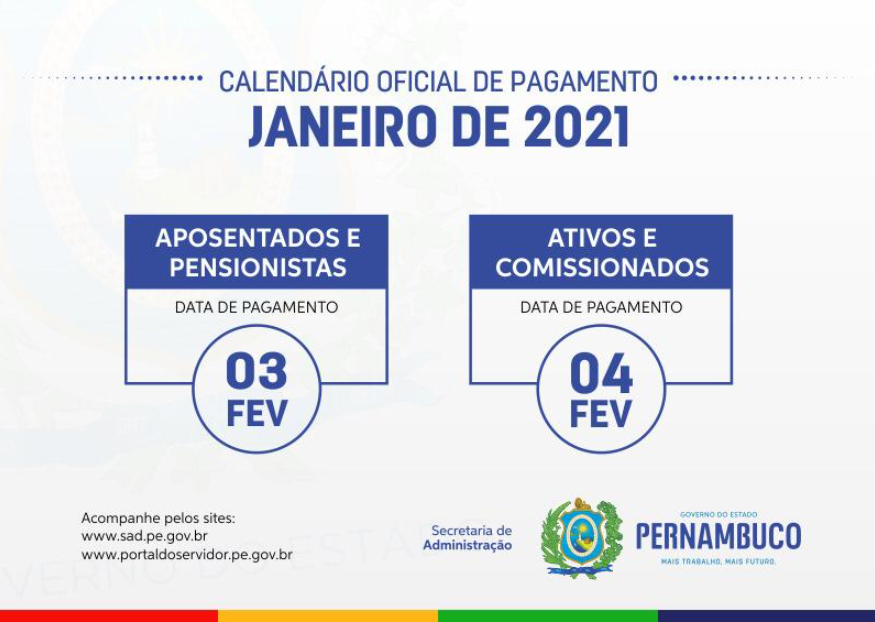 Calendário de pagamento de janeiro/2021
