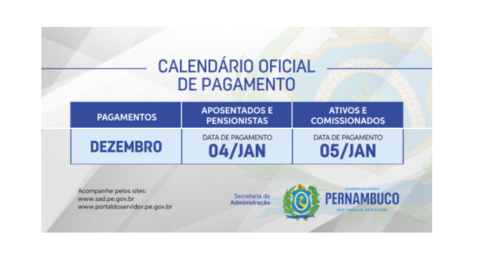 Calendário de pagamento de dezembro/2020