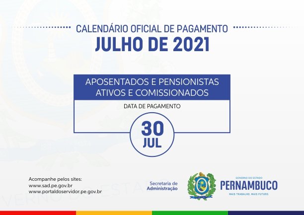 Calendário de pagamento de julho/2021